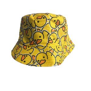 Reversible Yellow Rubber Duck Print Black Bucket Hat Cotton Sun Cap Summer Beach